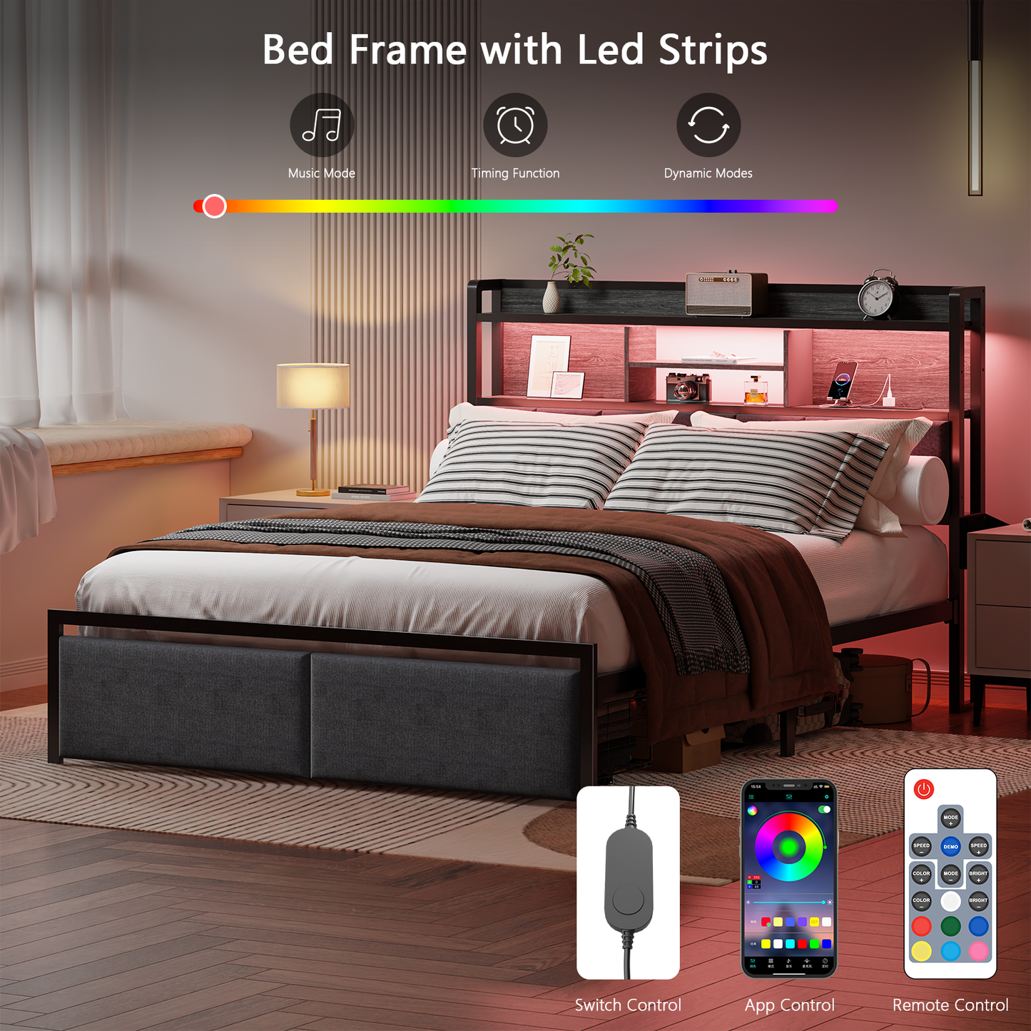 Tydimor Fabric Upholstered Smart Gaming Bed Frames Full Size with Storage Drawers, USB Ports and Outlets, No Box Spring Needed