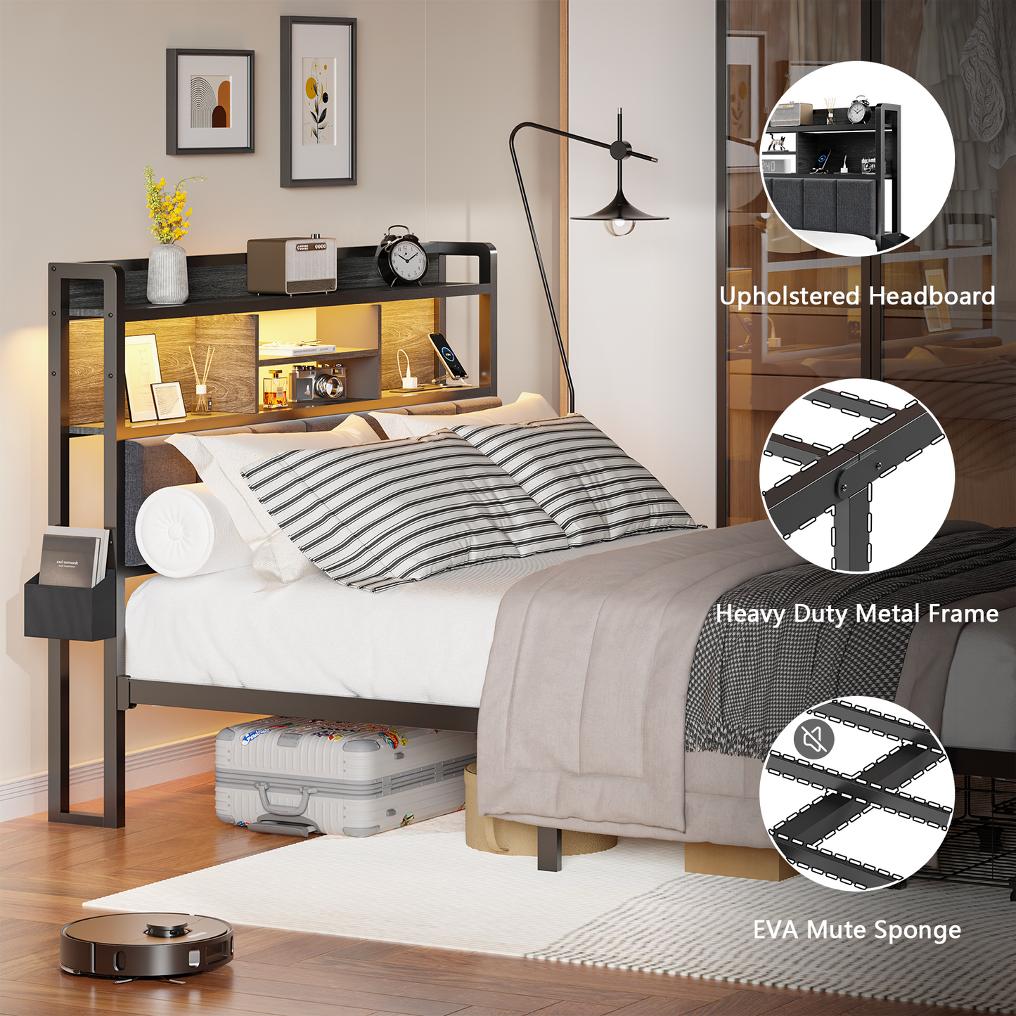 Tydimor Fabric Upholstered Smart Gaming Bed Frames Full Size with Storage Drawers, USB Ports and Outlets, No Box Spring Needed