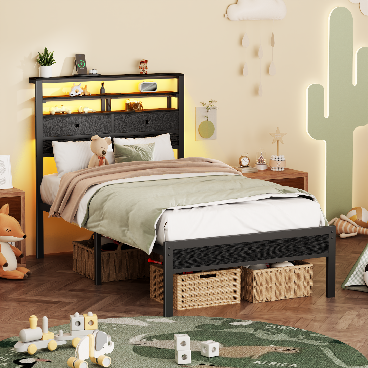 Satifur Twin Size Bed Frame with 2 Storage Drawers Headboard, LED & Charging Station, Black oack