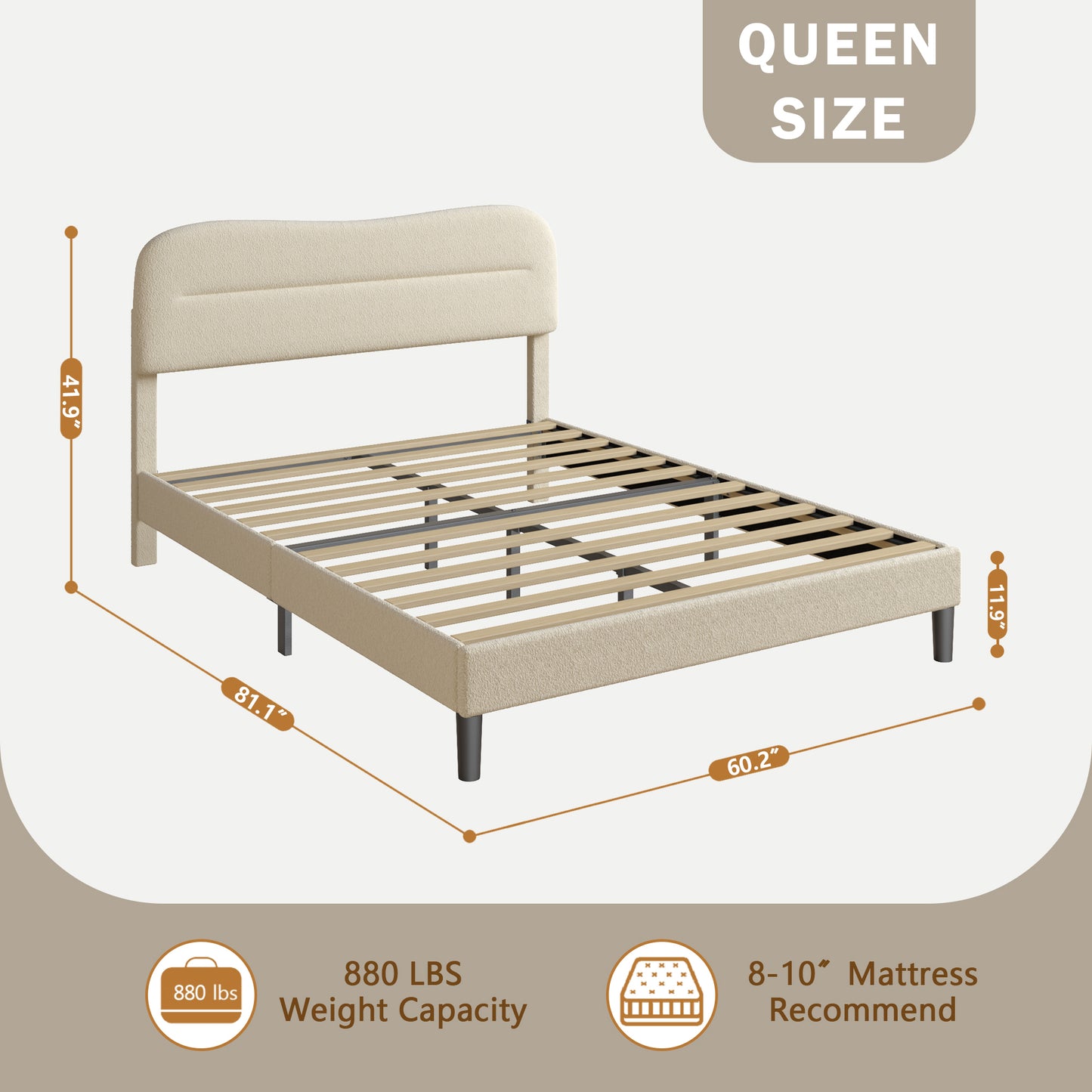 Satifur Queen Bed Frame with Teddy Velvet Soft Curved Headboard, Platform Bed with Wooden Slats Support, Easy Assembly, Noise-Free, Beige