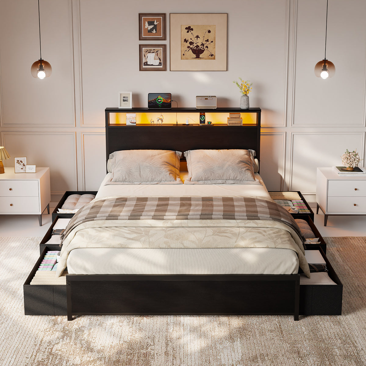 Satifur Full Size Platforrm Bed Frame with Charging Station, LED Standard Storage Space Bed for Bedroom, No Box Spring Needed
