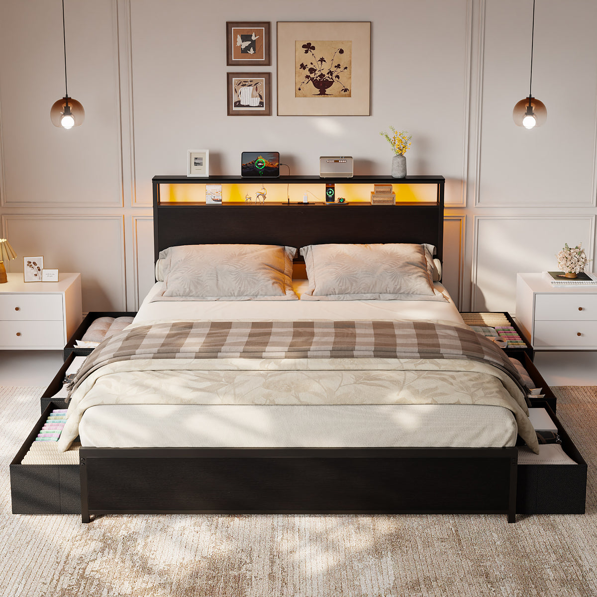 Satifur Queen LED Bed Frame with 6 Drawers, Headboard Charging Station, Versatile Storage Solution, No Box Spring Needed