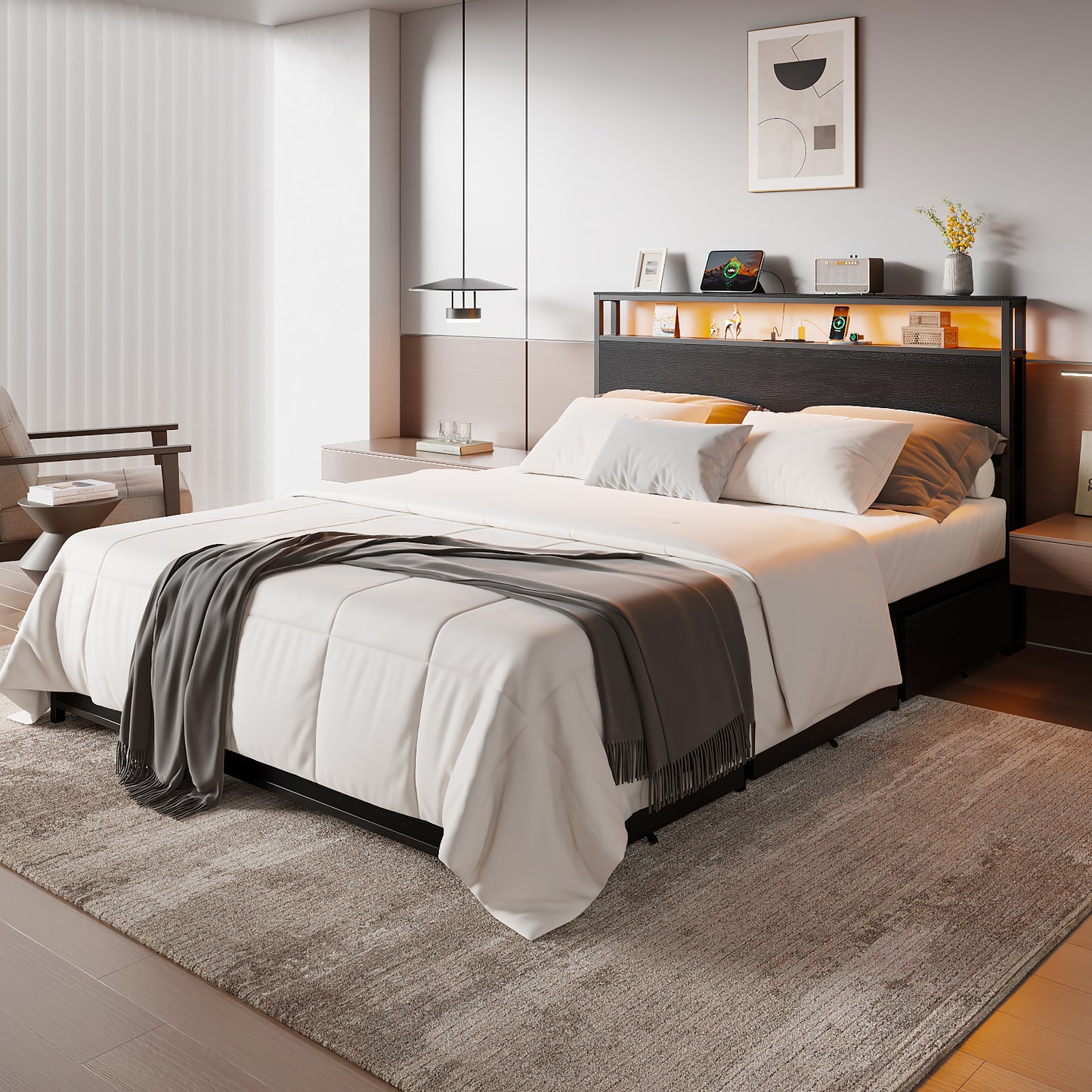 Satifur Queen LED Bed Frame with 6 Drawers, Headboard Charging Station, Versatile Storage Solution, No Box Spring Needed