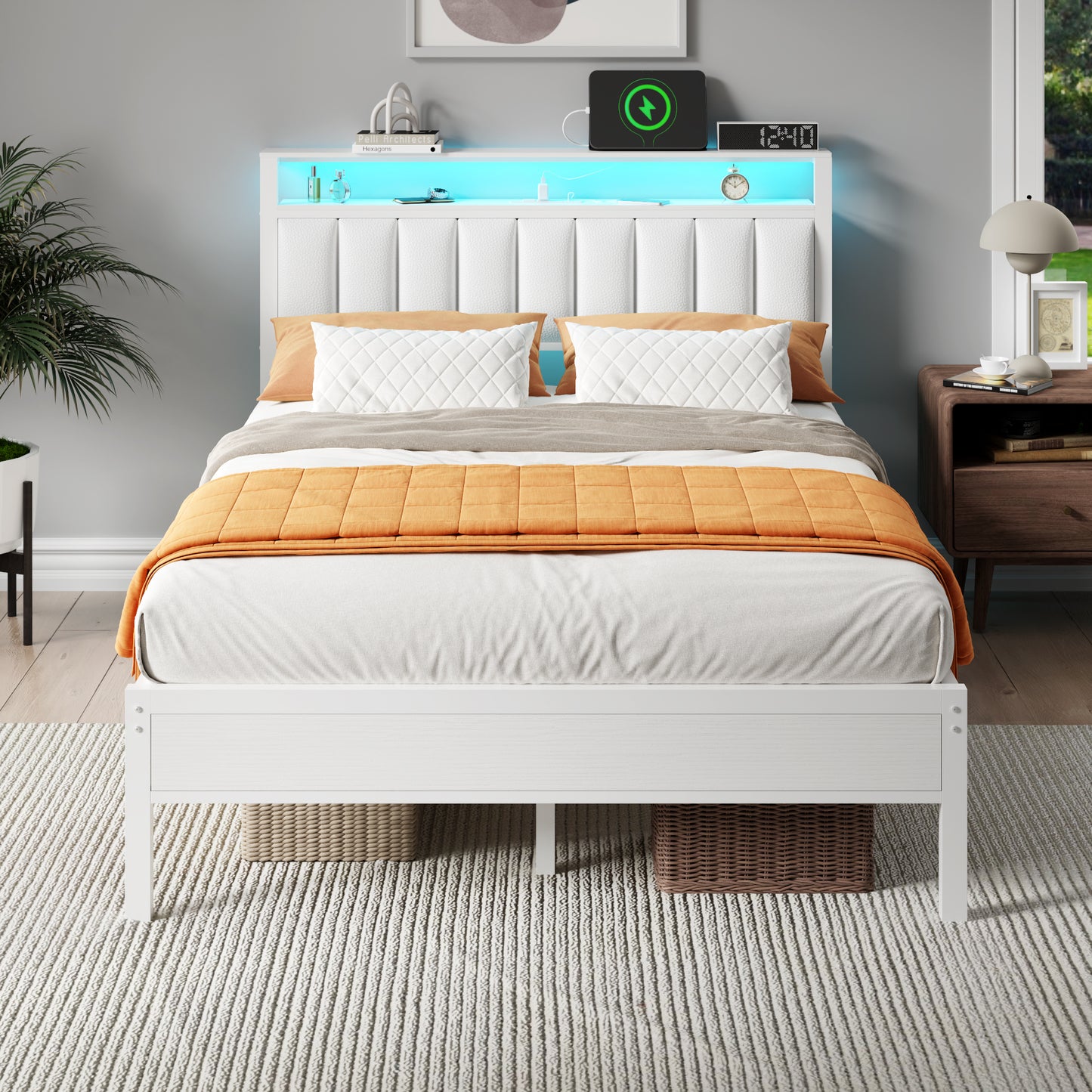 Satifur Full Bed Frames with LED Lights & Charging Station, Platform Bed with Metal Slats, Headboard with 2-Tier Storage Shelves, No Box Spring Needed, White