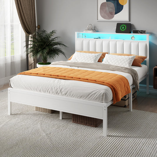 Satifur Queen Bed Frames with LED Lights & Charging Station, Platform Bed with Metal Slats, Headboard with 2-Tier Storage Shelves, No Box Spring Needed, White