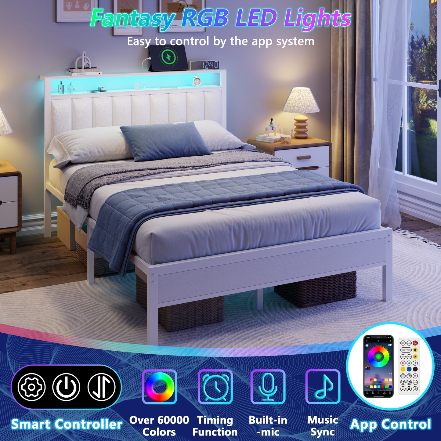 Satifur Full Bed Frames with LED Lights & Charging Station, Platform Bed with Metal Slats, Headboard with 2-Tier Storage Shelves, No Box Spring Needed, White