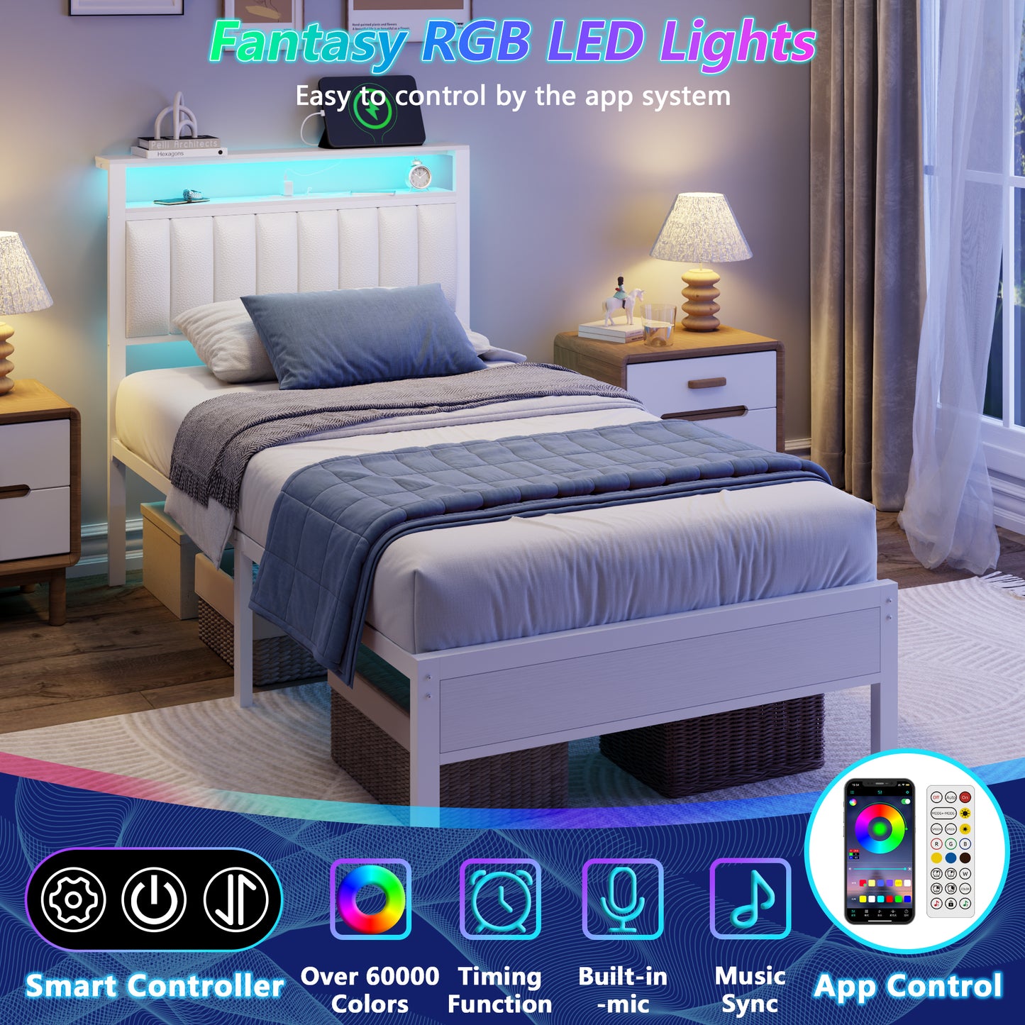 Satifur Twin Bed Frames with LED Lights & Charging Station, Platform Bed with Metal Slats, Headboard with 2-Tier Storage Shelves, No Box Spring Needed, White