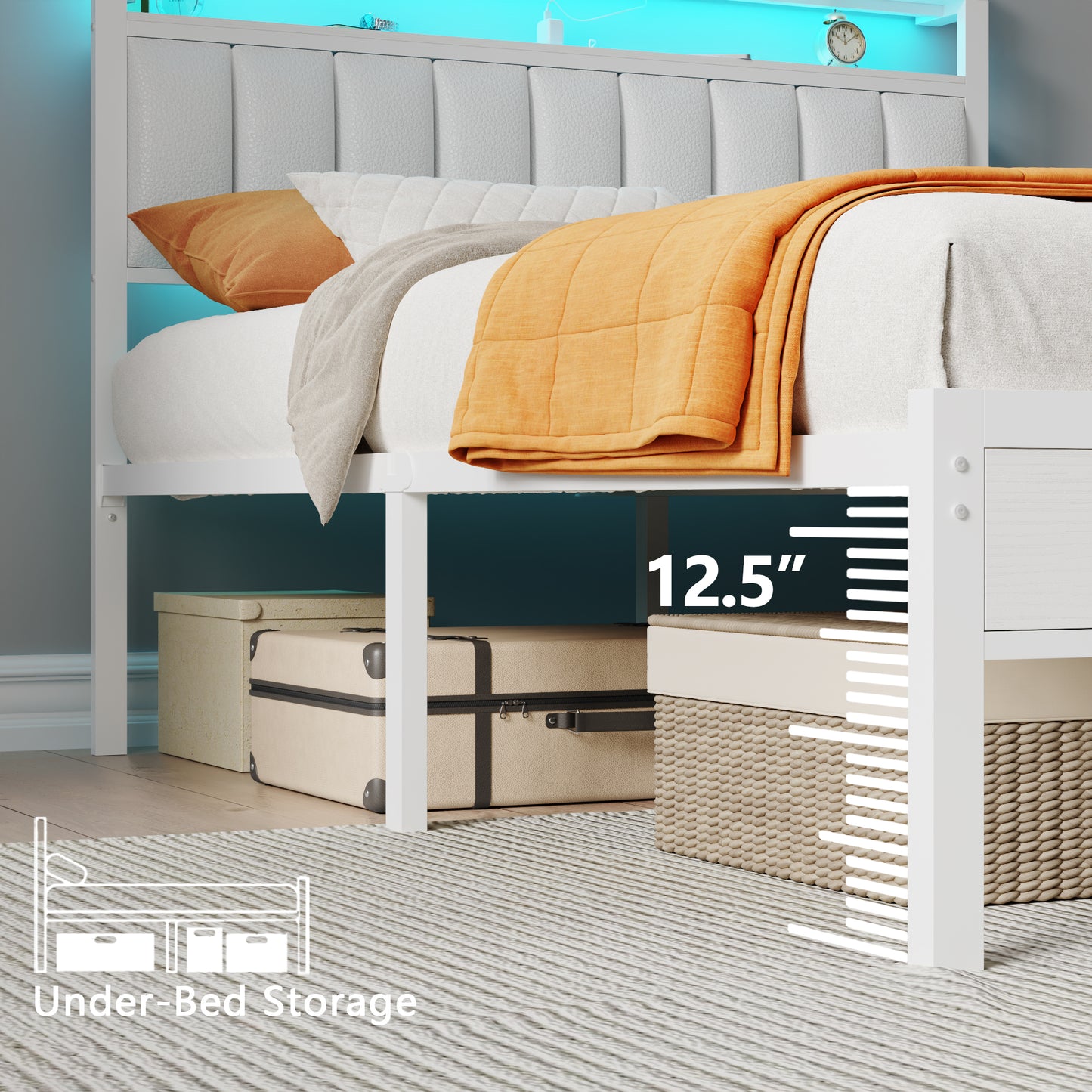 Satifur Full Bed Frames with LED Lights & Charging Station, Platform Bed with Metal Slats, Headboard with 2-Tier Storage Shelves, No Box Spring Needed, White