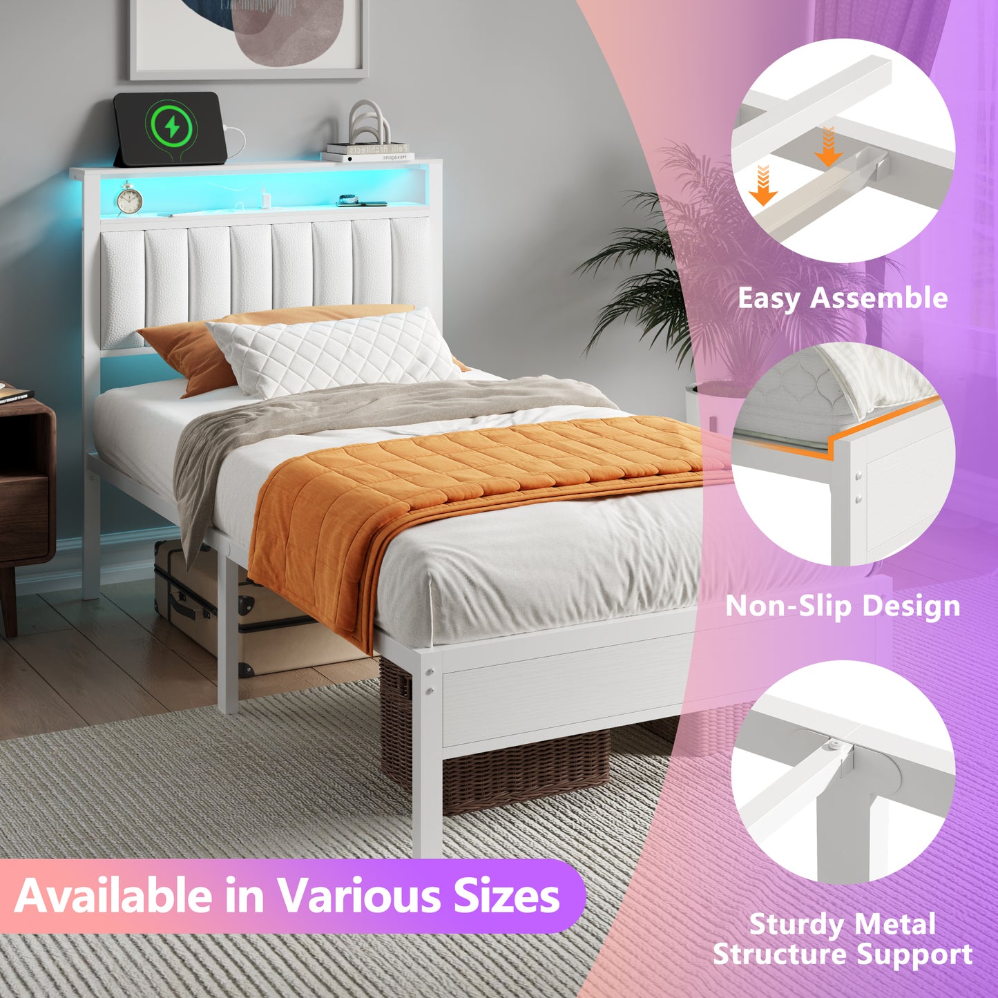 Satifur Twin Bed Frames with LED Lights & Charging Station, Platform Bed with Metal Slats, Headboard with 2-Tier Storage Shelves, No Box Spring Needed, White