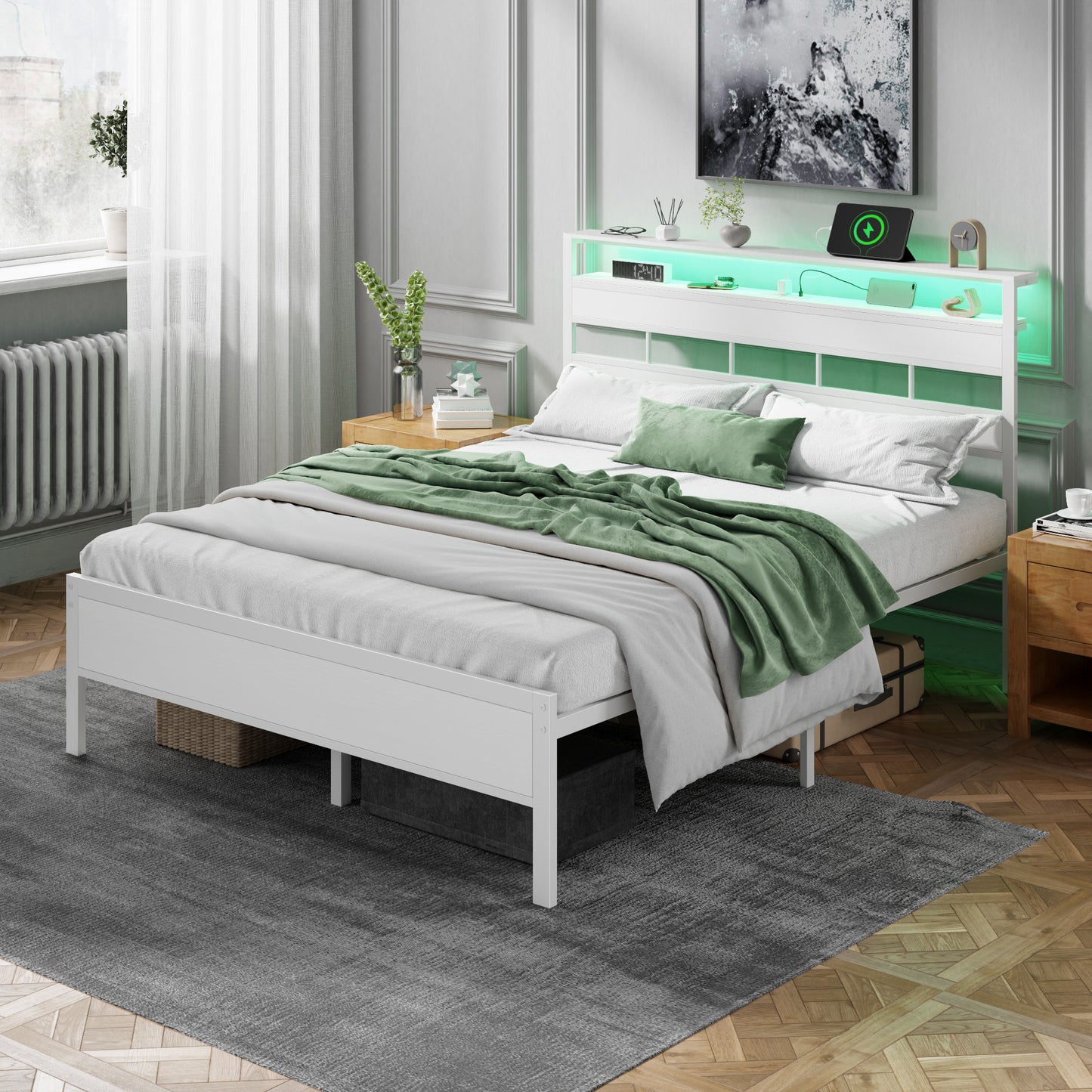 Satifur Queen Bed Frames with Charging Station and LED Lights, Queen Size Platform Bed with Wood Headboard & 2-Tier Storage Shelves, No Box Spring Needed, White