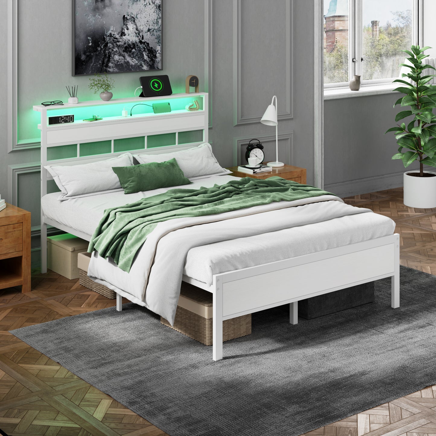 Satifur Full Bed Frames with Charging Station and LED Lights, Full Size Platform Bed with Wood Headboard & 2-Tier Storage Shelves, No Box Spring Needed, White