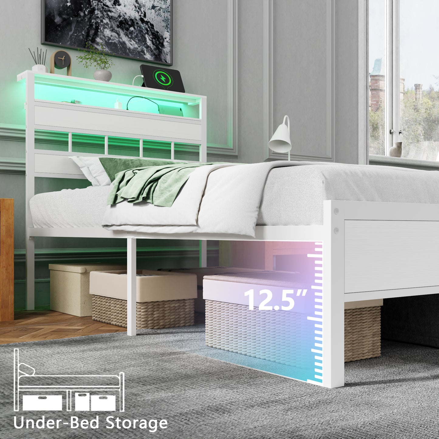 Satifur Twin Bed Frames with Charging Station and LED Lights, Twin Size Platform Bed with Wood Headboard & 2-Tier Storage Shelves, No Box Spring Needed, White