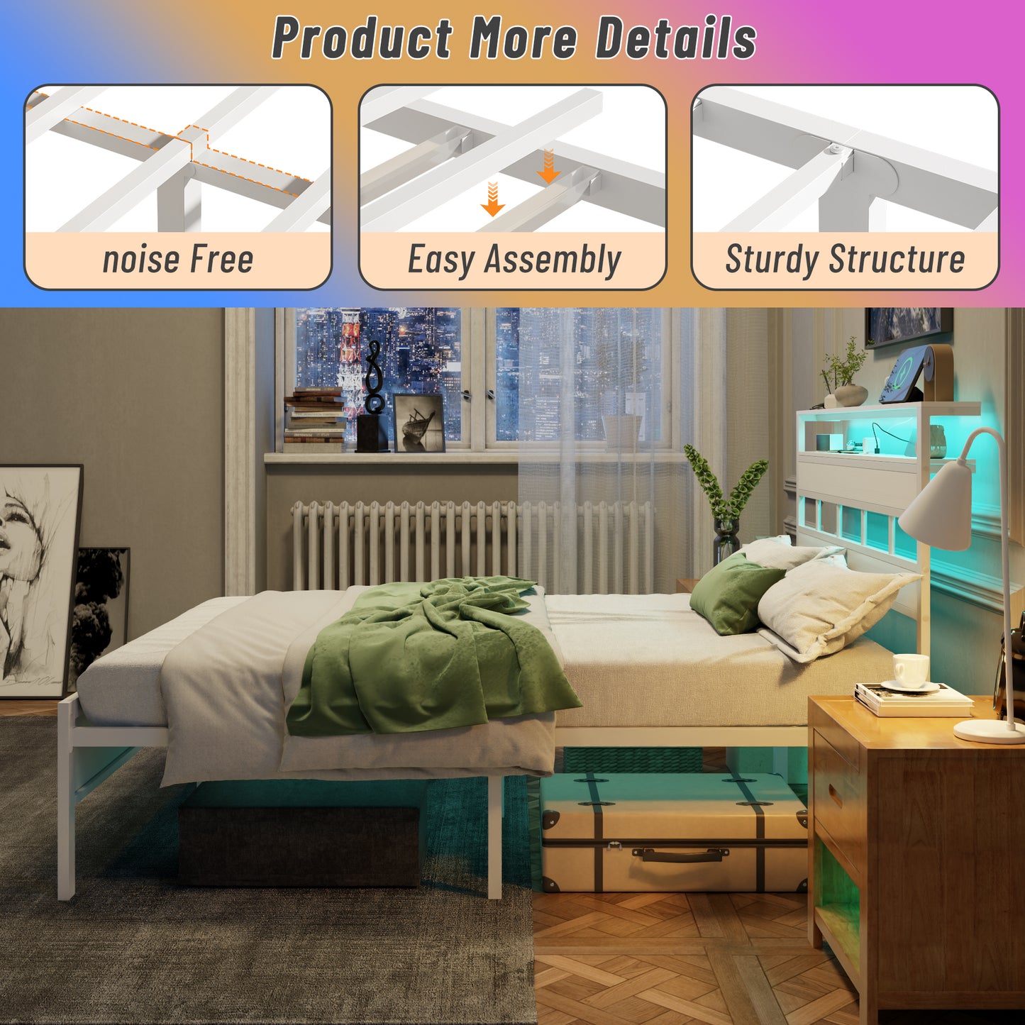 Satifur Full Bed Frames with Charging Station and LED Lights, Full Size Platform Bed with Wood Headboard & 2-Tier Storage Shelves, No Box Spring Needed, White