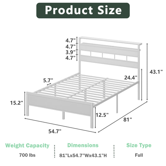 Satifur Full Bed Frames with Charging Station and LED Lights, Full Size Platform Bed with Wood Headboard & 2-Tier Storage Shelves, No Box Spring Needed, White