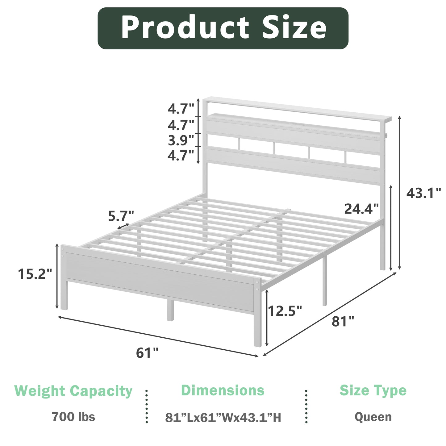 Satifur Queen Bed Frames with Charging Station and LED Lights, Queen Size Platform Bed with Wood Headboard & 2-Tier Storage Shelves, No Box Spring Needed, White