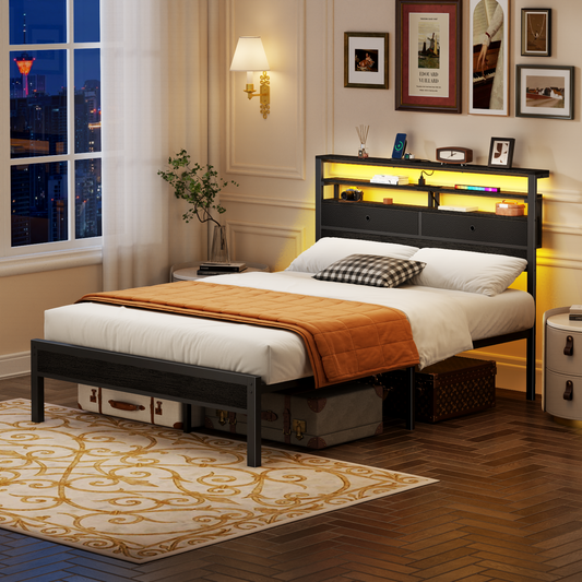 Satifur Full Size Bed Frame with 2 Storage Drawers Headboard, LED & Charging Station, Black oack