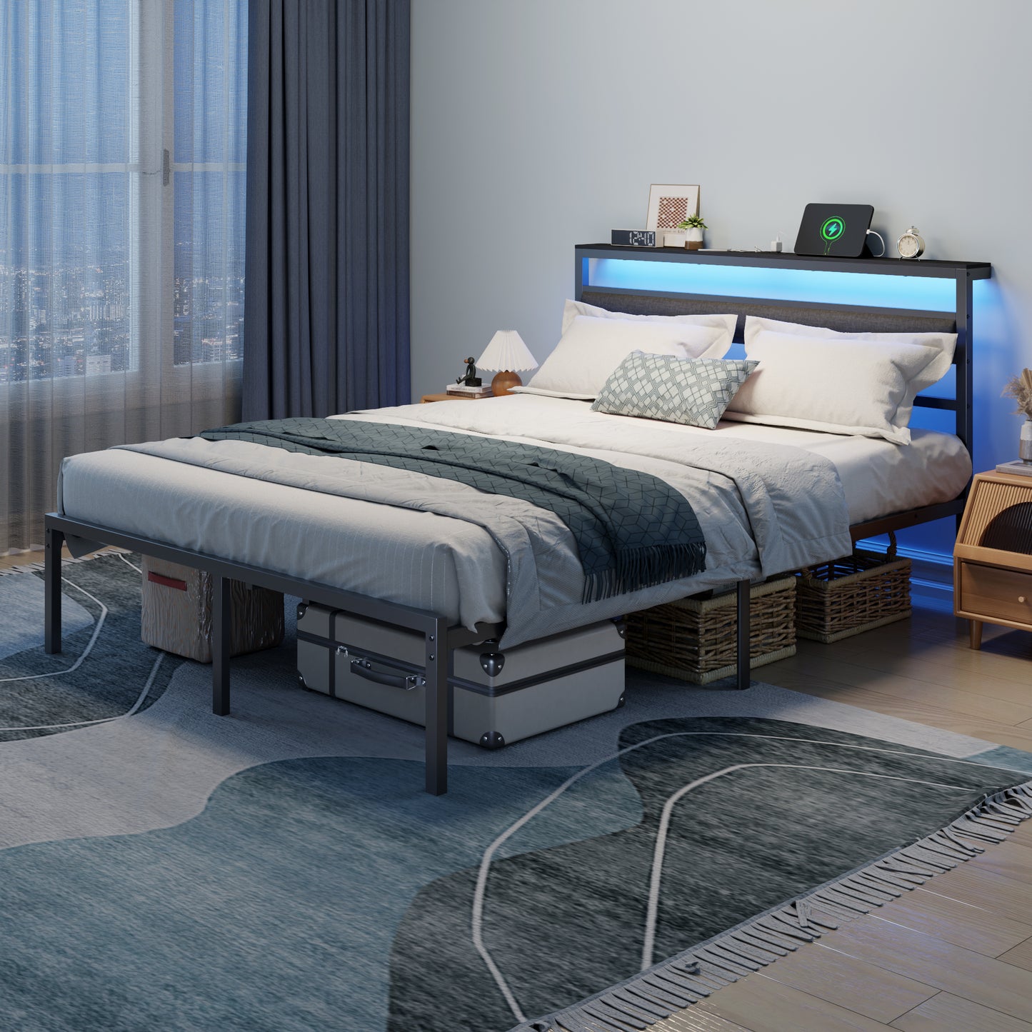 Satifur Queen Size Bed Frame with Upholstered Headboard & Shelf, LED Lights & USB Charging Station, Metal Black