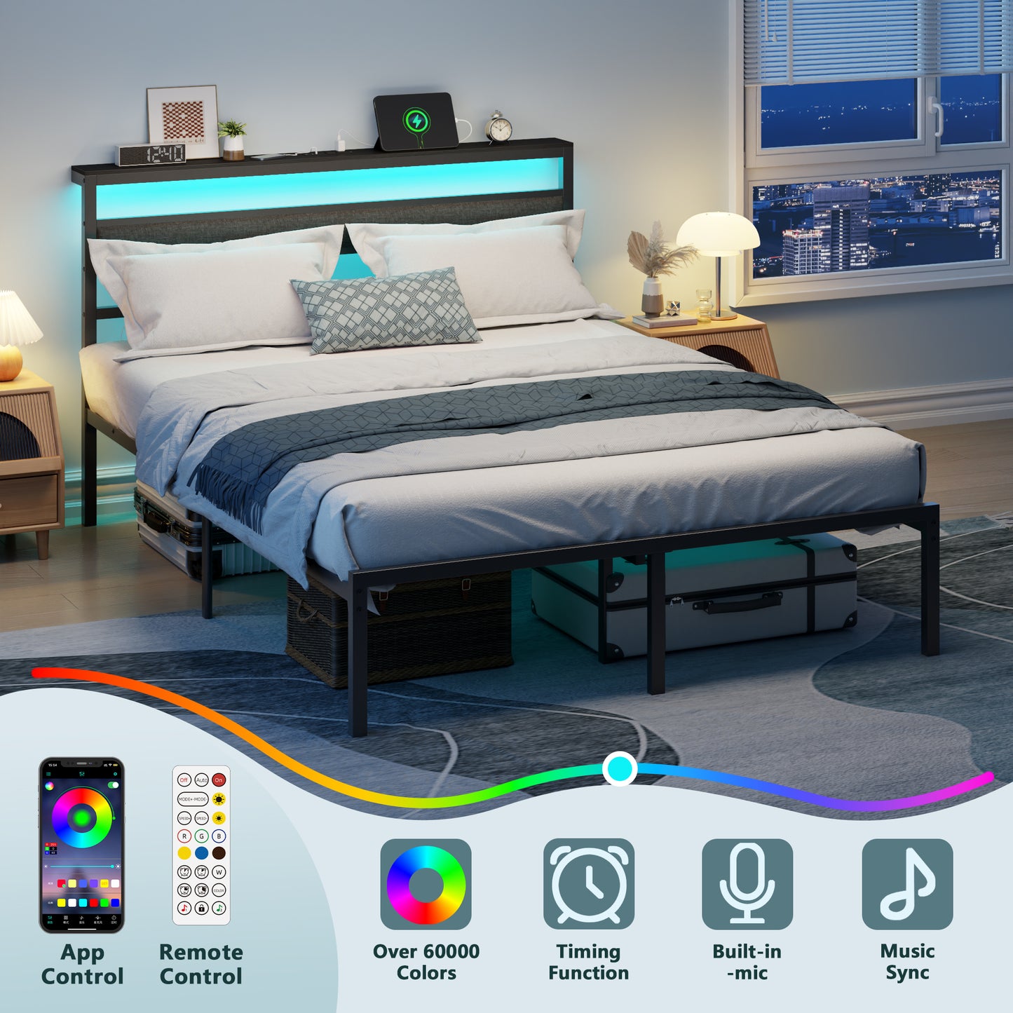 Satifur Queen Size Bed Frame with Upholstered Headboard & Shelf, LED Lights & USB Charging Station, Metal Black