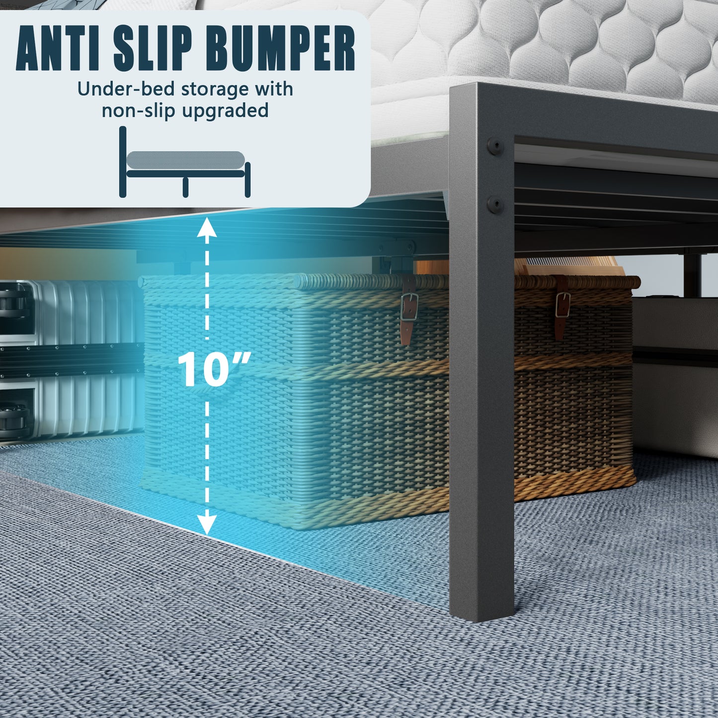 Satifur Queen Size Bed Frame with Upholstered Headboard & Shelf, LED Lights & USB Charging Station, Metal Black