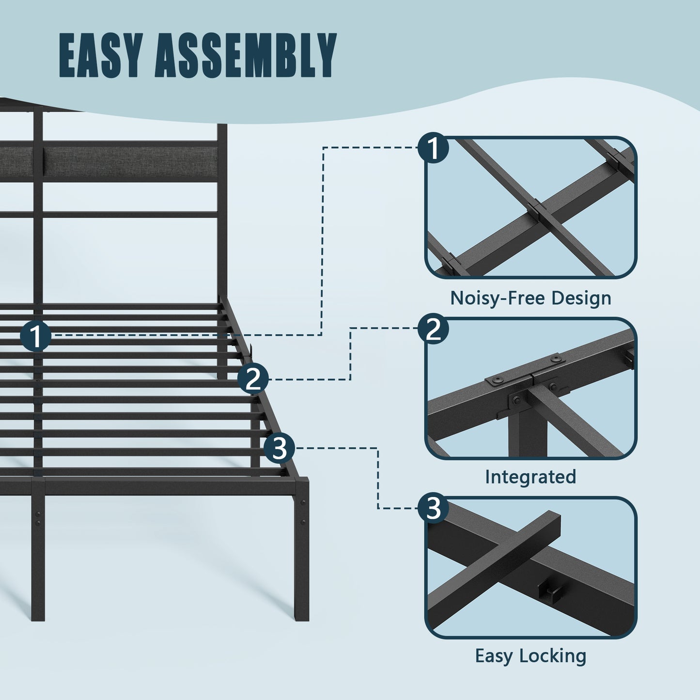 Satifur Full Size Bed Frame with Upholstered Headboard & Shelf, LED Lights & USB Charging Station, Metal Black
