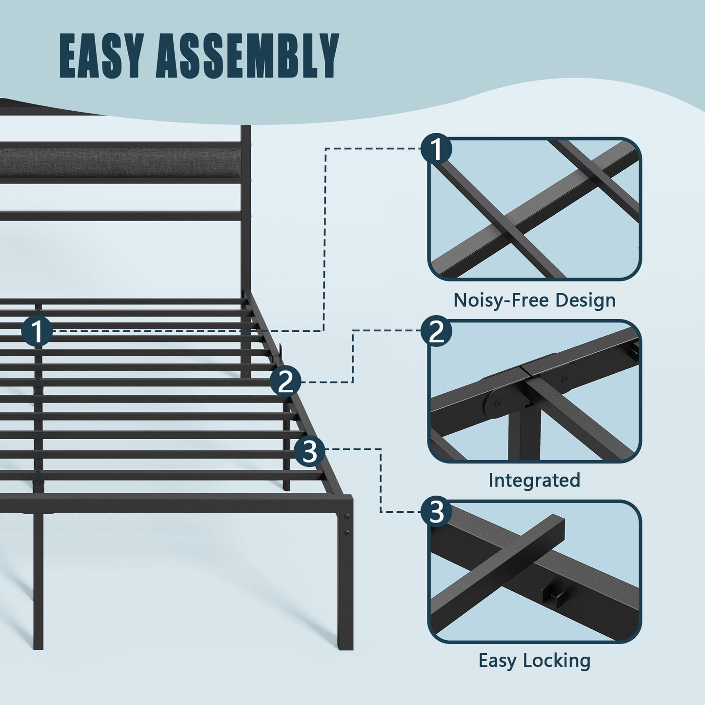 Satifur Queen Size Bed Frame with Upholstered Headboard & Shelf, LED Lights & USB Charging Station, Metal Black