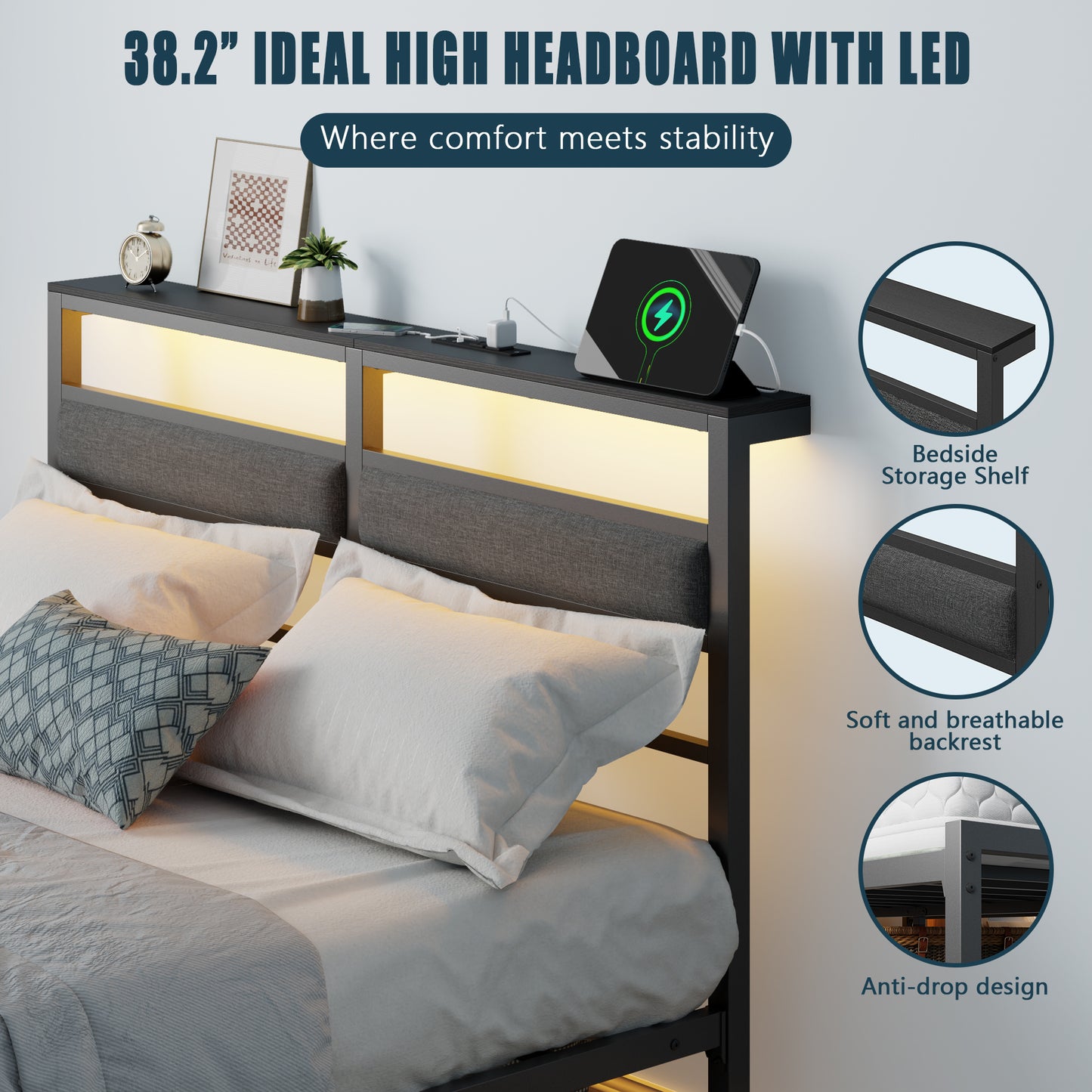 Satifur Full Size Bed Frame with Upholstered Headboard & Shelf, LED Lights & USB Charging Station, Metal Black