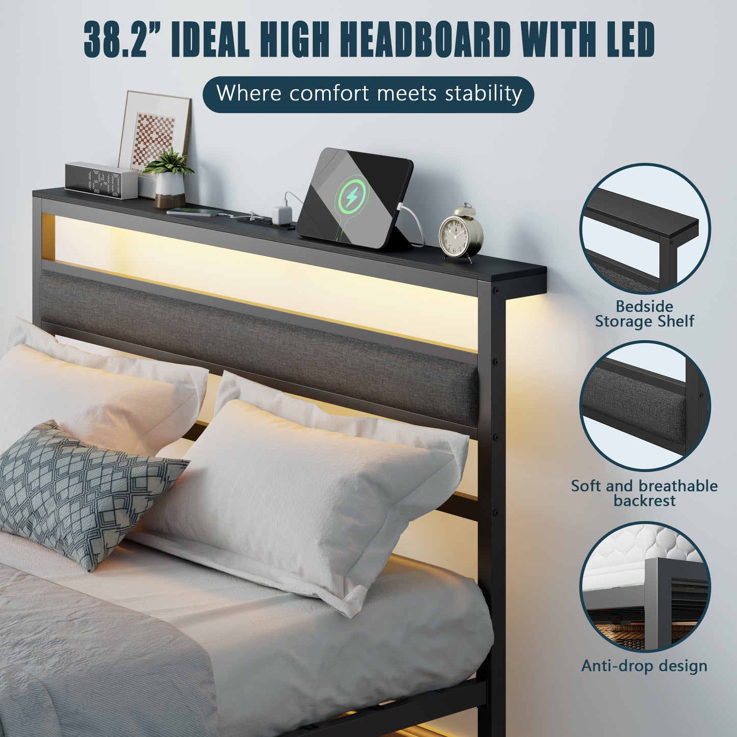 Satifur Full Size Upholstered Bed Frame with LED Lights, USB Charging Station & Headboard Shelf, Black Metal, No Box Spring Needed