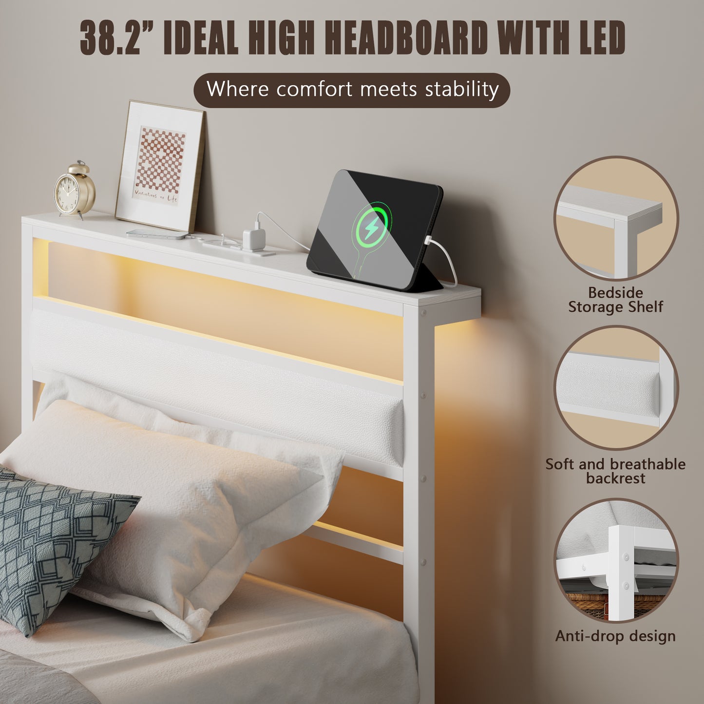 Satifur Twin Size Bed Frame with Storage Headboard Shelf, LED Bed Platform with USB Charging Station, White