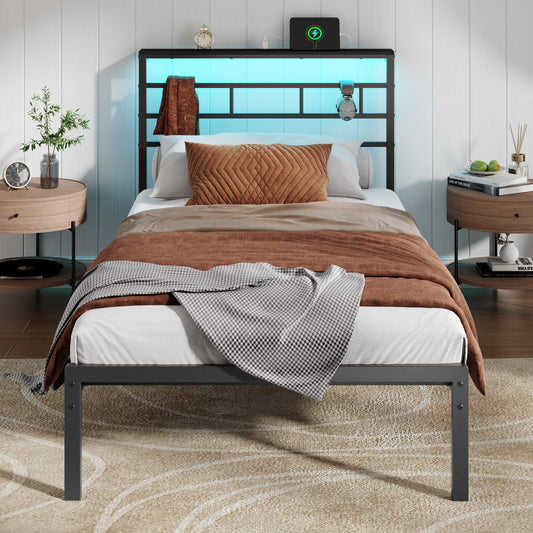Satifur Twin Size Bed Frame with LED Storage Headboard Shelf, 38.1" High Metal Platform Bed, Black