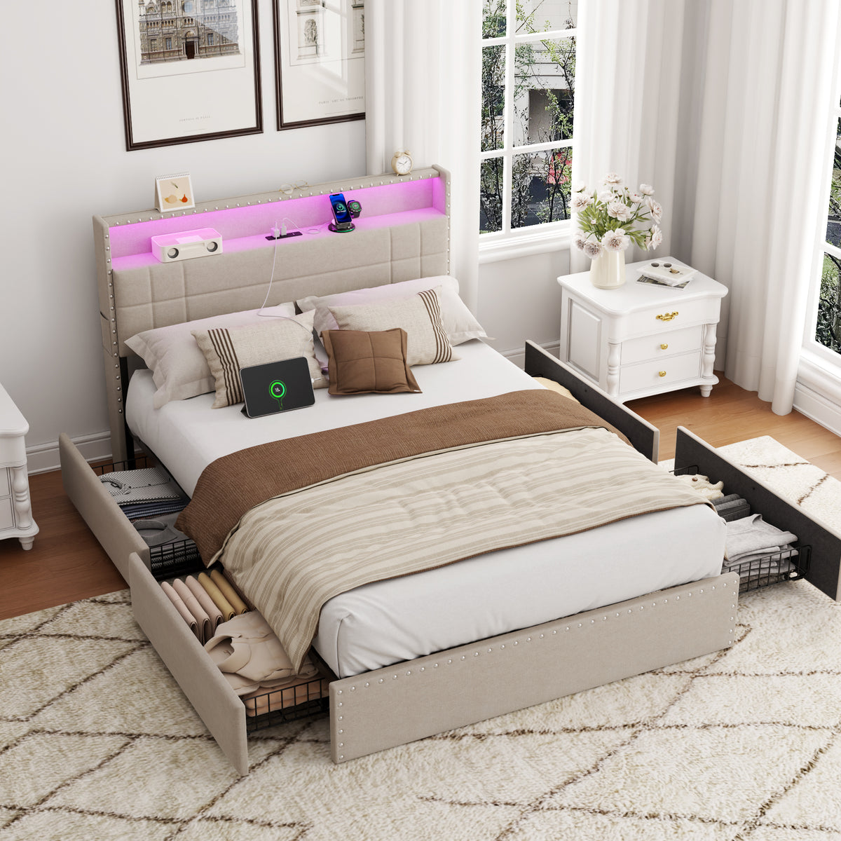 Satifur Full Size Bed Frame with Charging Station, Upholstered Rivet Storage Headboard Platform Beds, Noise-Free, Easy Assembly, Beige