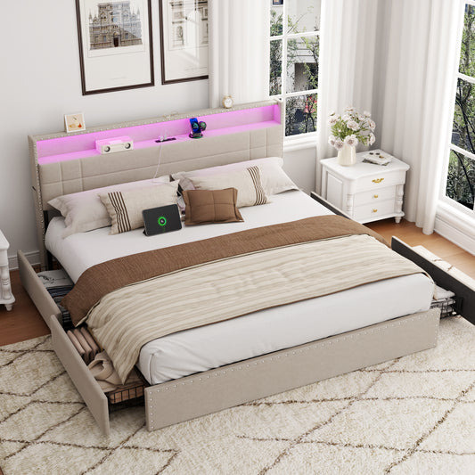Satifur King Size Bed with Storage Headboard, Platform Bed with 4 Drawers, Rivet Upholstered Bed Frame with LED Lights & Charging Station, Beige