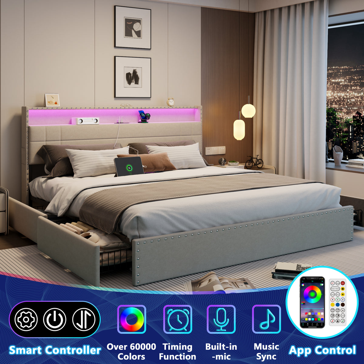 Satifur King Size Bed with Storage Headboard, Platform Bed with 4 Drawers, Rivet Upholstered Bed Frame with LED Lights & Charging Station, Beige