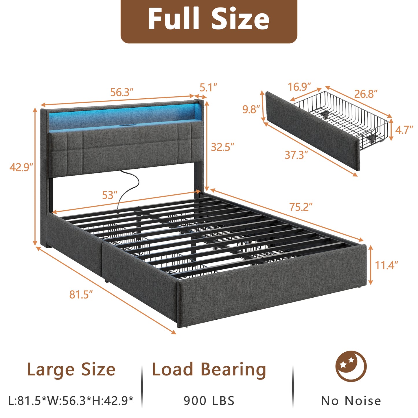 Satifur Full Size Bed Frame with Charging Station, Upholstered Rivet Storage Headboard Platform Beds, Noise-Free, Easy Assembly,Dark Grey