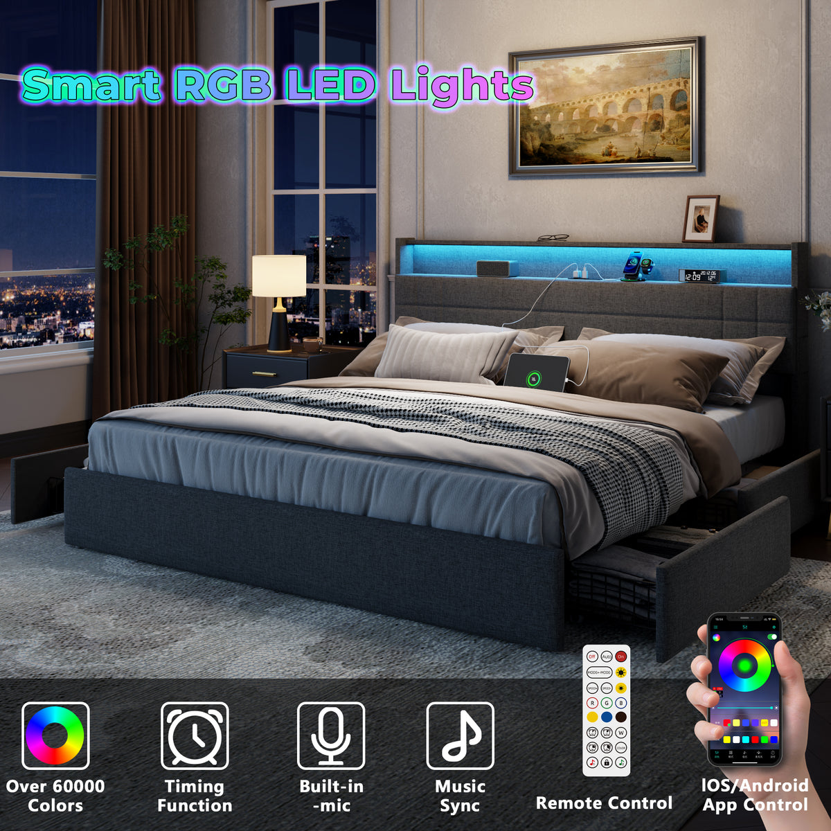 Satifur King Size Bed with Storage Headboard, Platform Bed with 4 Drawers, Rivet Upholstered Bed Frame with LED Lights & Charging Station, Dark Grey