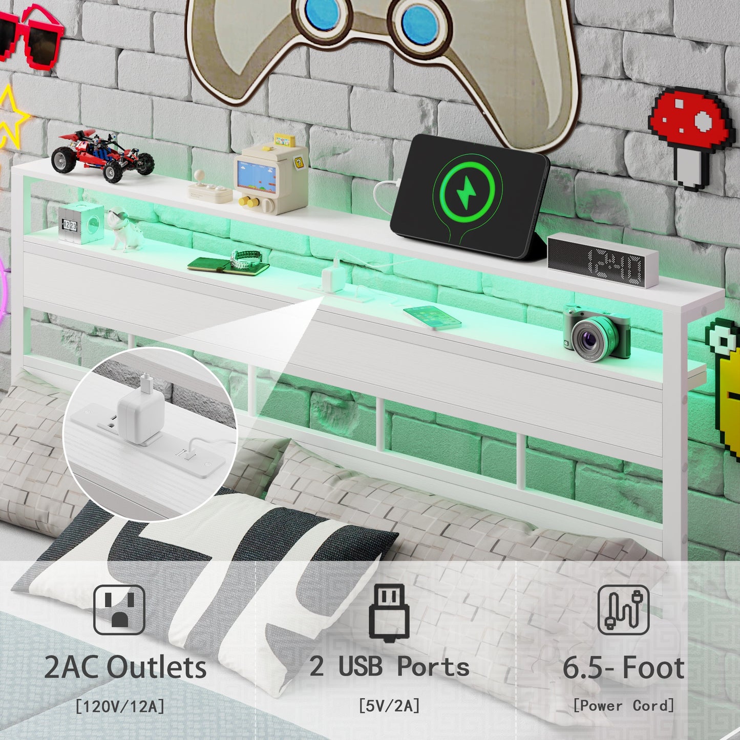 Tydimor Queen Bed Frames with Wood Headboard & 2-Tier Storage Shelves, Queen Size Platform Bed with Charging Station and LED Lights, No Box Spring Needed, White