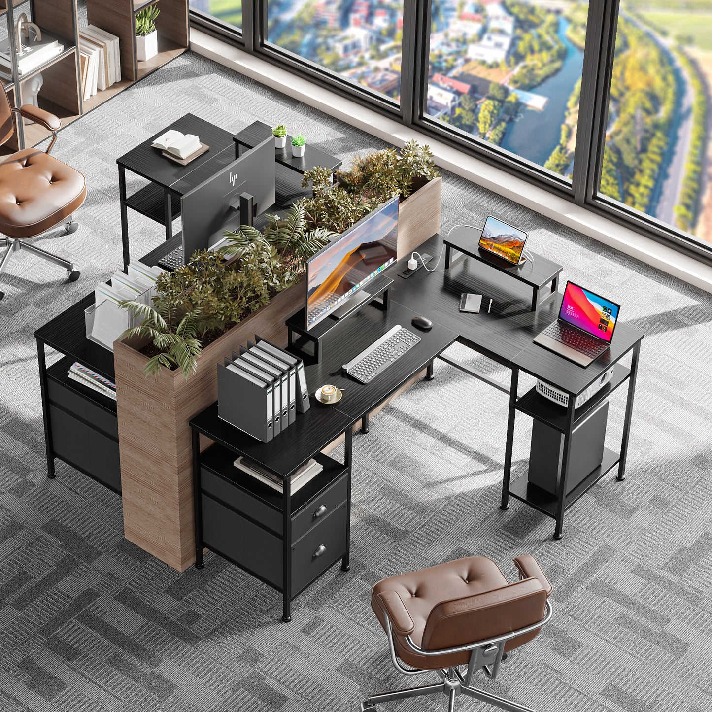 Satifur 59" L-Shaped Desk, Corner Computer Desk with Power Outlet,Reversible Gaming Desk for Home Office,Black