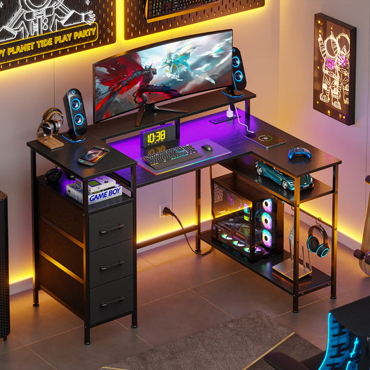 Satifur 47" Computer Desk with LED Lights & Power Outlets, L-Shaped Desk with 3 Fabric Drawers & Open Shelves, Reversible Home Office Desk,Black