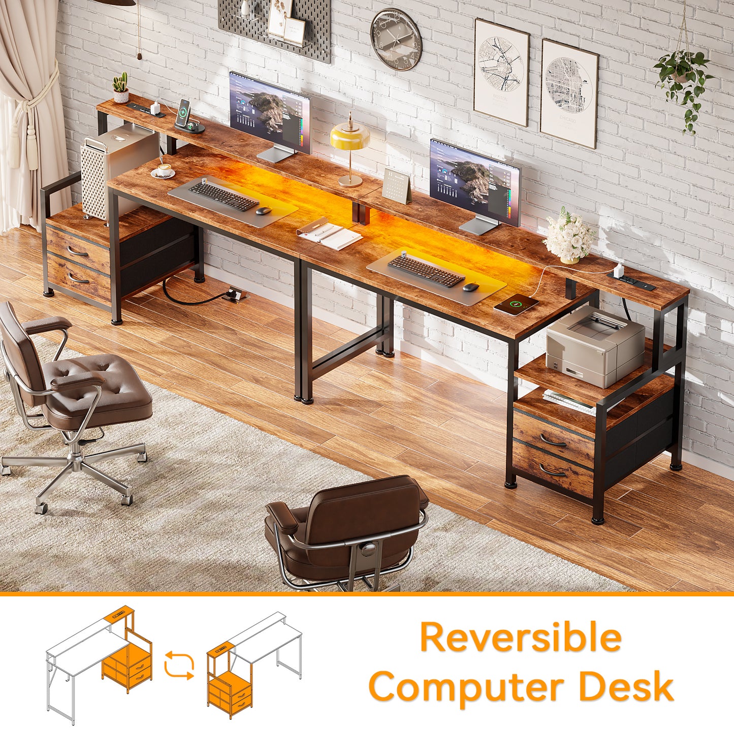 Satifur 47" Smart RGB Gaming Desk with App-Controlled Light Strip, Reversible Drawers & Built-in Charging Station,Rustic Brown