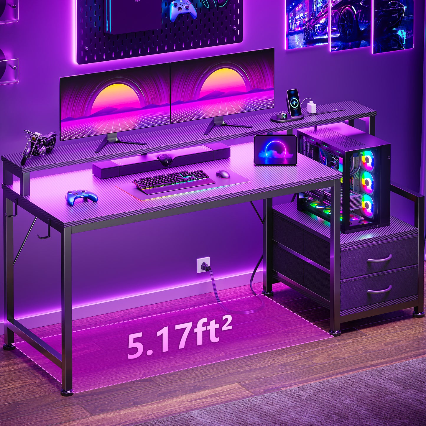 Satifur 55" Smart RGB Gaming Desk with App-Controlled Light Strip, Reversible Drawers & Built-in Charging Station,Black