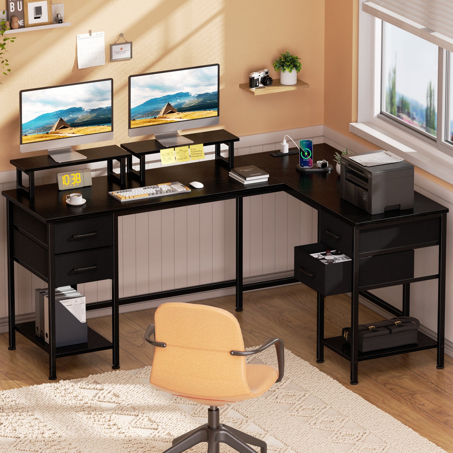 Satifur 66" L-Shaped Desk with Power Outlets, 4 Fabric Drawers & 2 Monitor Stands, Convertible Two Person Home Office Desk, Black