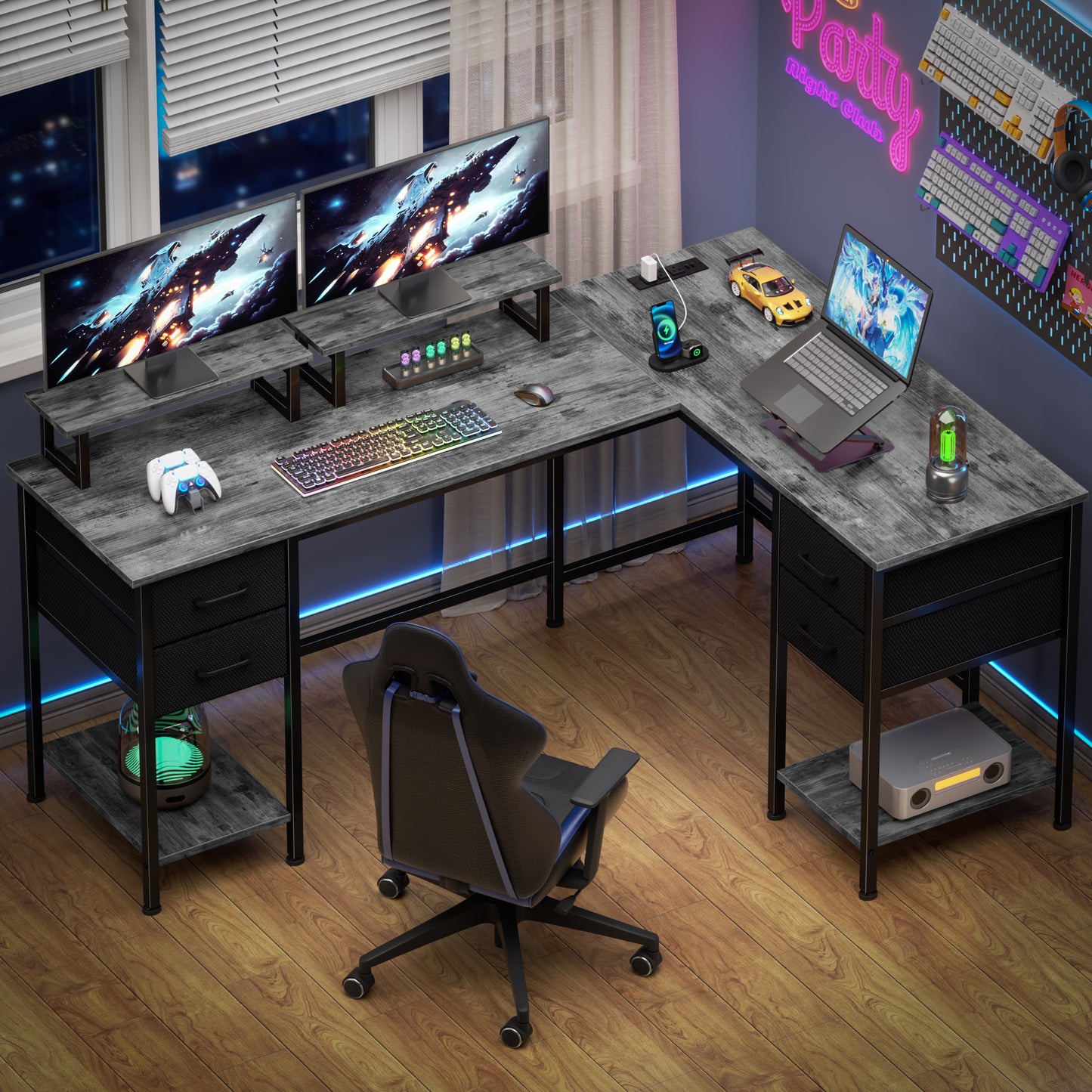 Satifur 59" L-Shaped Desk with Power Outlets, 4 Fabric Drawers & 2 Monitor Stands, Convertible Two Person Home Office Desk, Gray