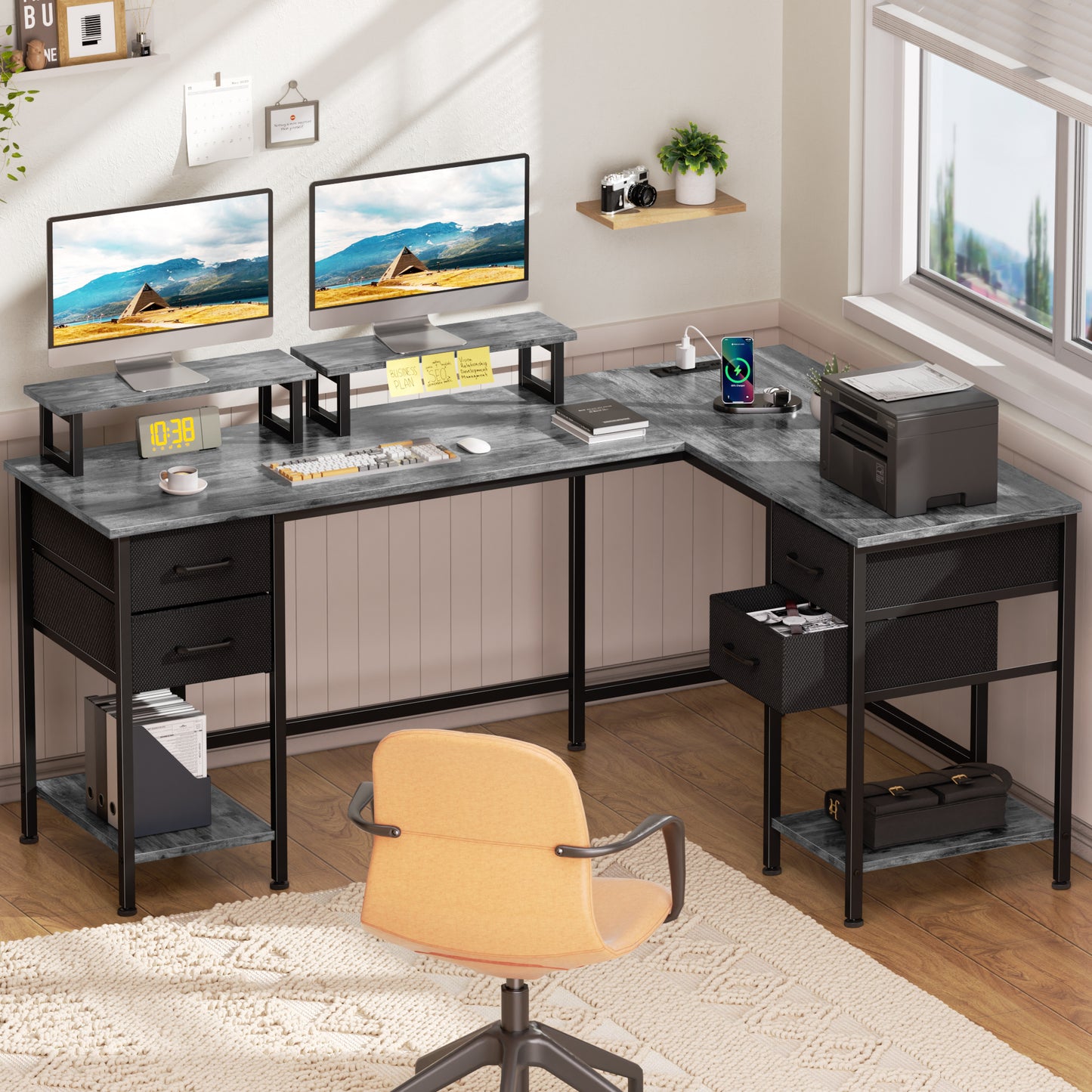 Satifur 59" L-Shaped Desk with Power Outlets, 4 Fabric Drawers & 2 Monitor Stands, Convertible Two Person Home Office Desk, Gray