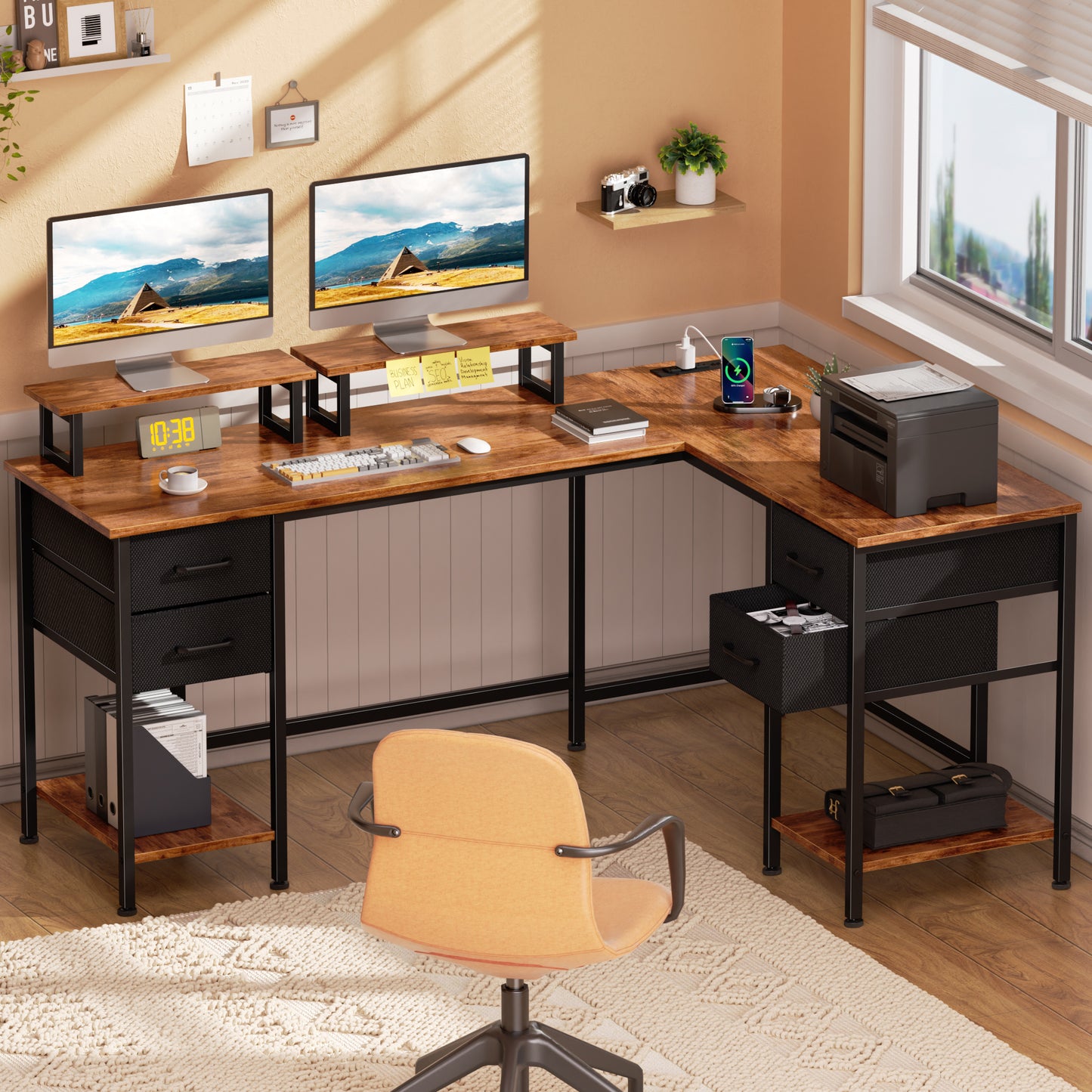 Satifur 59" L-Shaped Desk with Power Outlets, 4 Fabric Drawers & 2 Monitor Stands, Convertible Two Person Home Office Desk, Rustic Brown