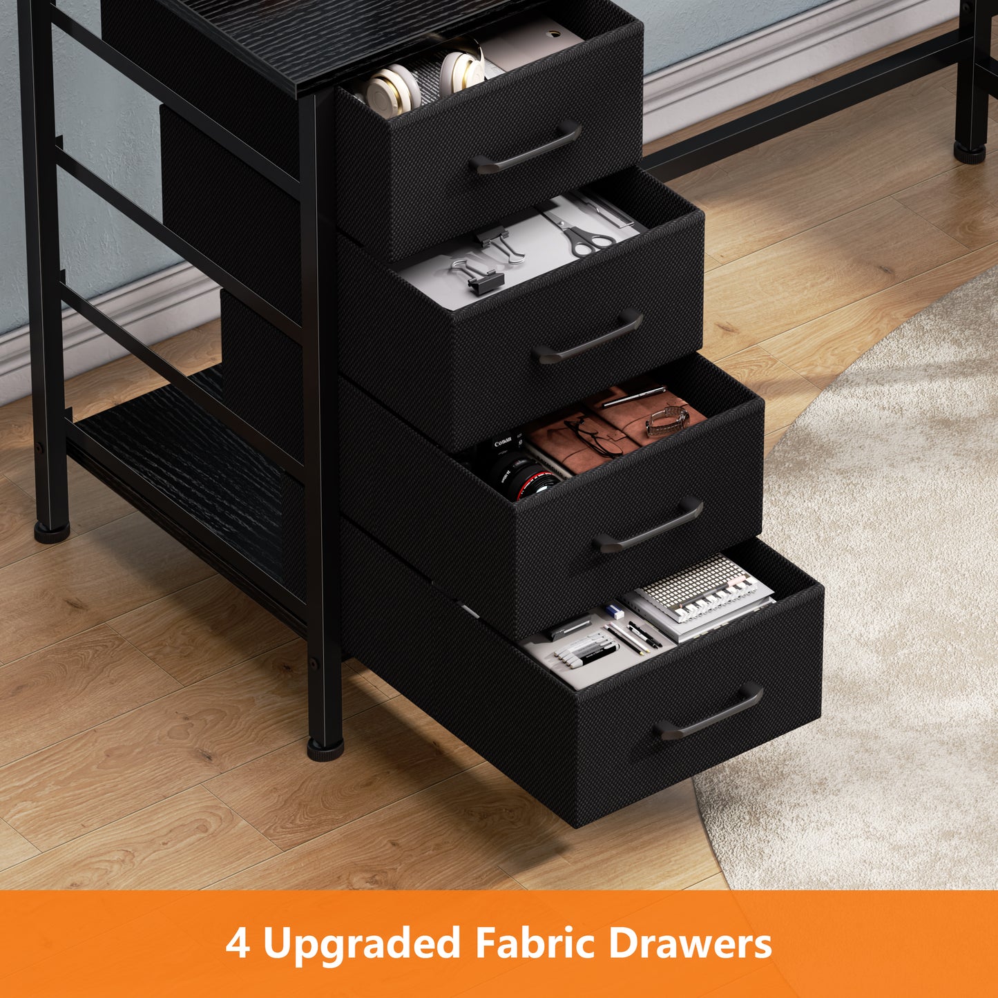 Satifur 59" L-Shaped Desk with Power Outlets, 4 Fabric Drawers & 2 Monitor Stands, Convertible Two Person Home Office Desk, Rustic Brown Black