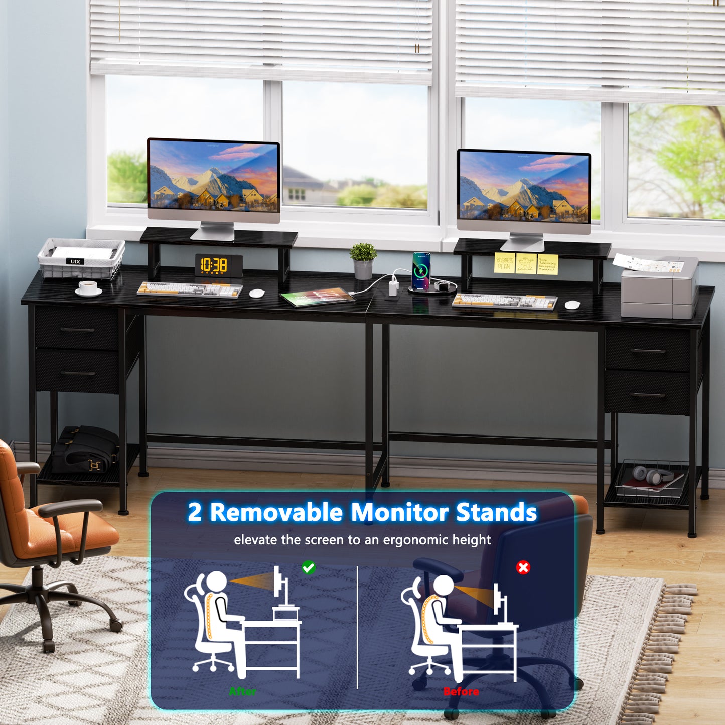 Satifur 59" L-Shaped Desk with Power Outlets, 4 Fabric Drawers & 2 Monitor Stands, Convertible Two Person Home Office Desk, Rustic Brown Black