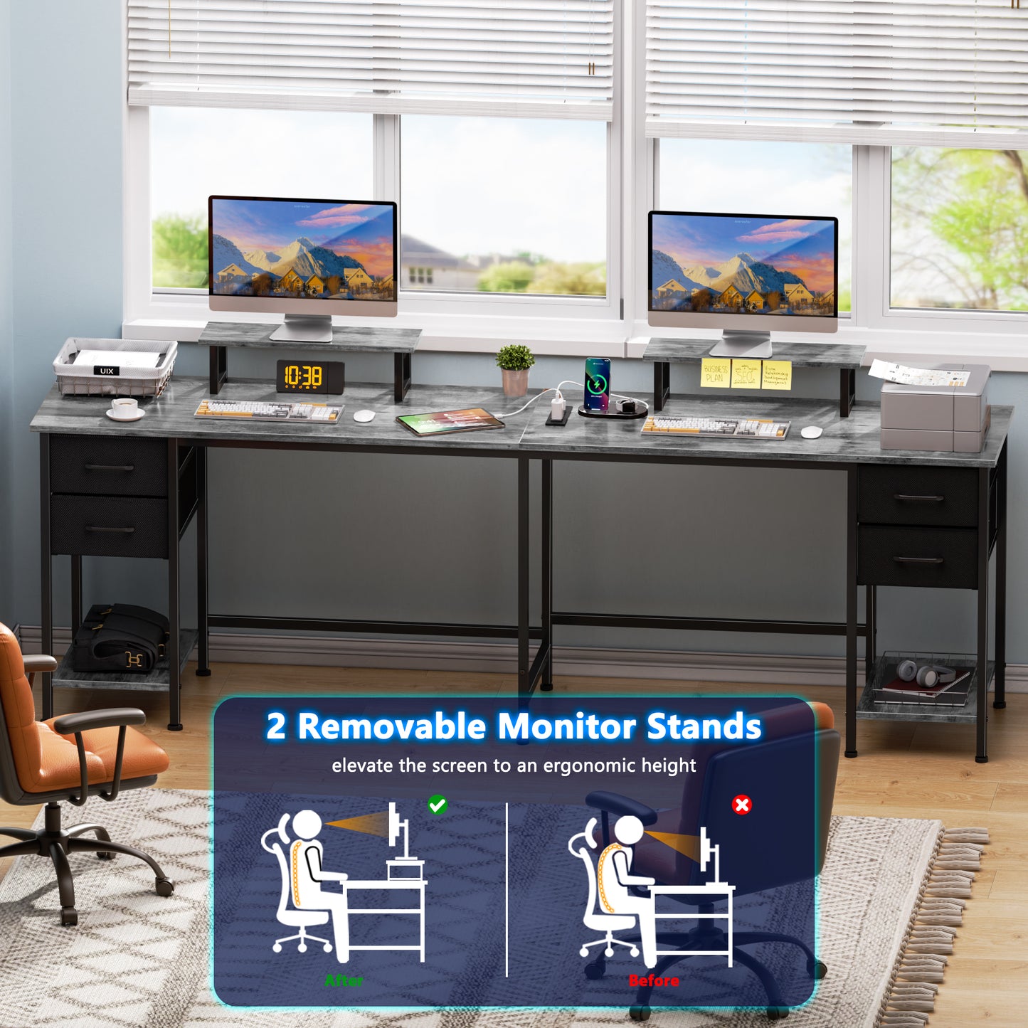 Satifur 59" L-Shaped Desk with Power Outlets, 4 Fabric Drawers & 2 Monitor Stands, Convertible Two Person Home Office Desk, Gray