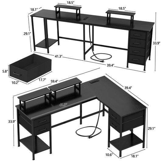 Satifur 59" L-Shaped Desk with Power Outlets, 4 Fabric Drawers & 2 Monitor Stands, Convertible Two Person Home Office Desk, Rustic Brown Black