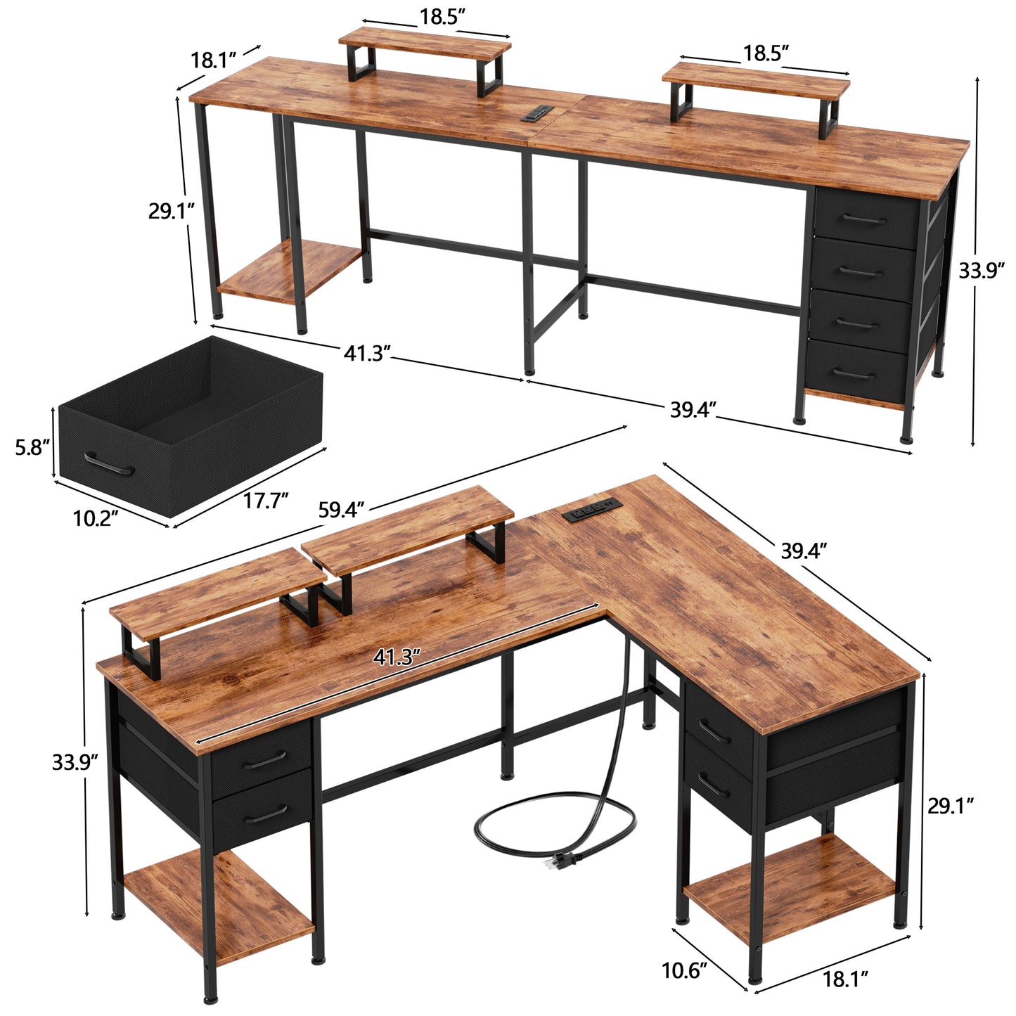 Satifur 59" L-Shaped Desk with Power Outlets, 4 Fabric Drawers & 2 Monitor Stands, Convertible Two Person Home Office Desk, Rustic Brown