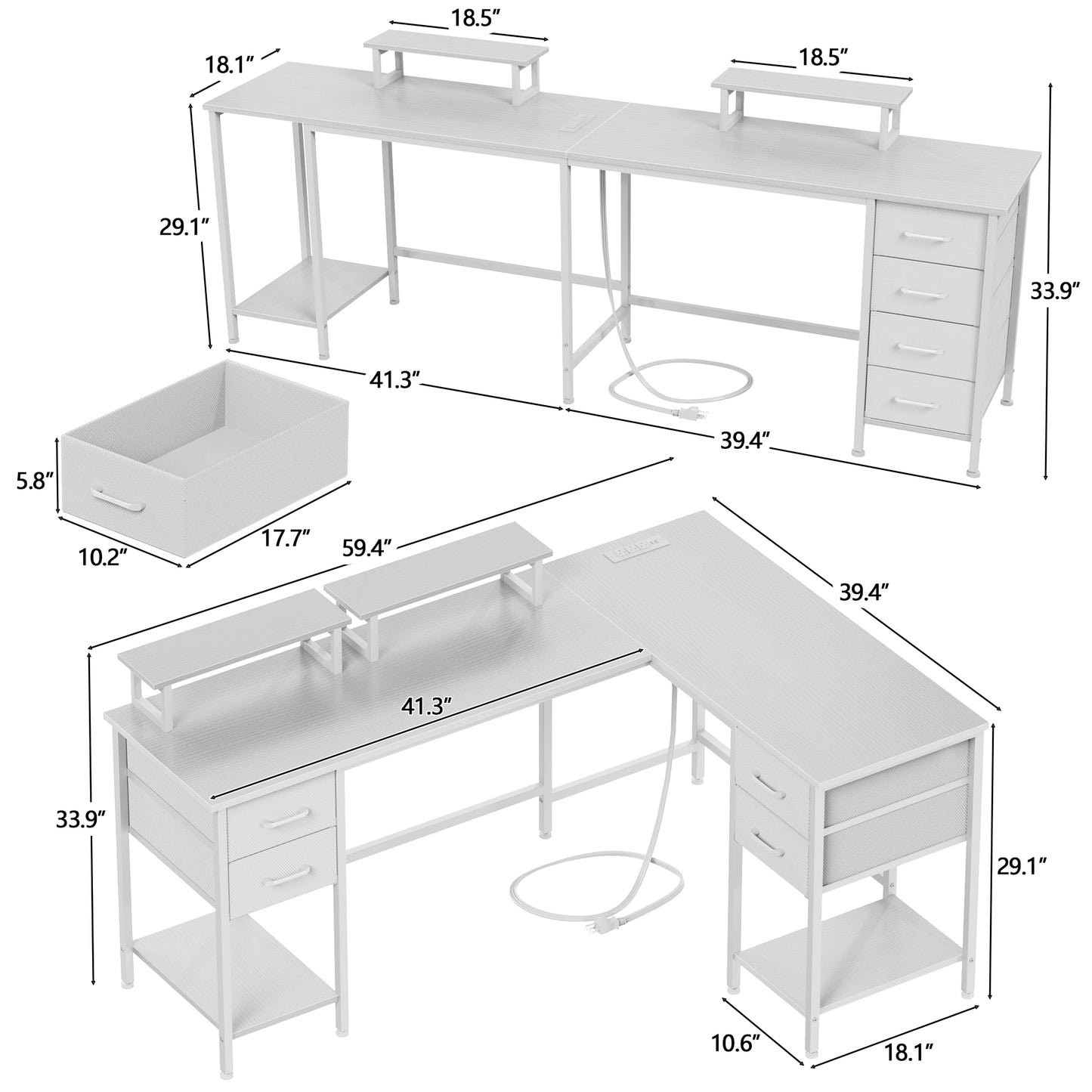 Satifur 59" L-Shaped Desk with Power Outlets, 4 Fabric Drawers & 2 Monitor Stands, Convertible Two Person Home Office Desk, White
