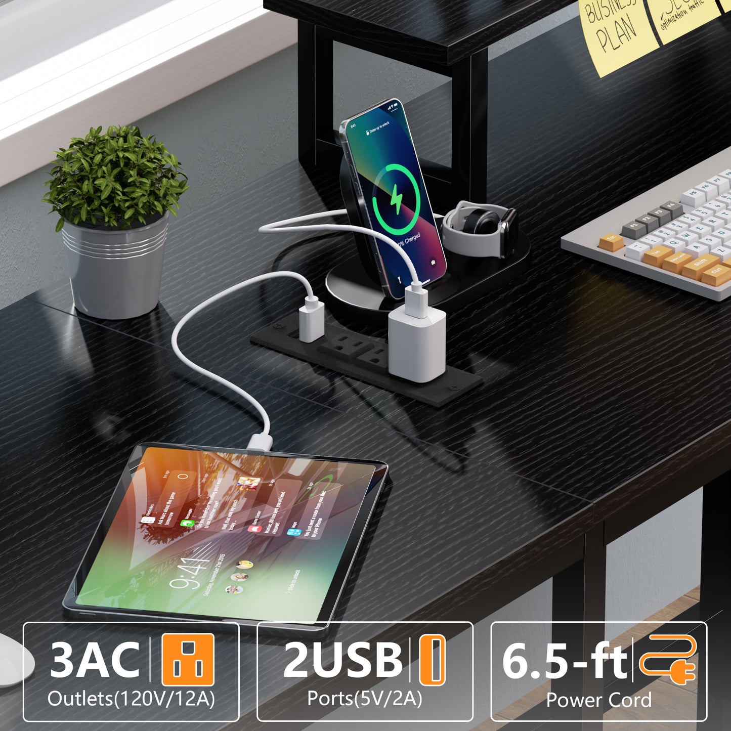 Satifur 59" L-Shaped Desk with Power Outlets, 4 Fabric Drawers & 2 Monitor Stands, Convertible Two Person Home Office Desk, Rustic Brown Black